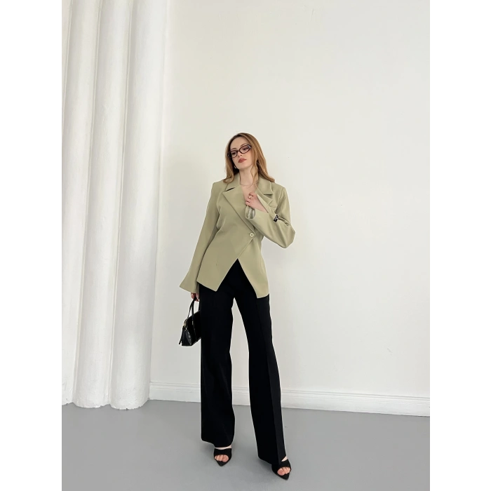 Kruvaze Yaka Tek Düğme Detaylı Tasarım Ceket Haki