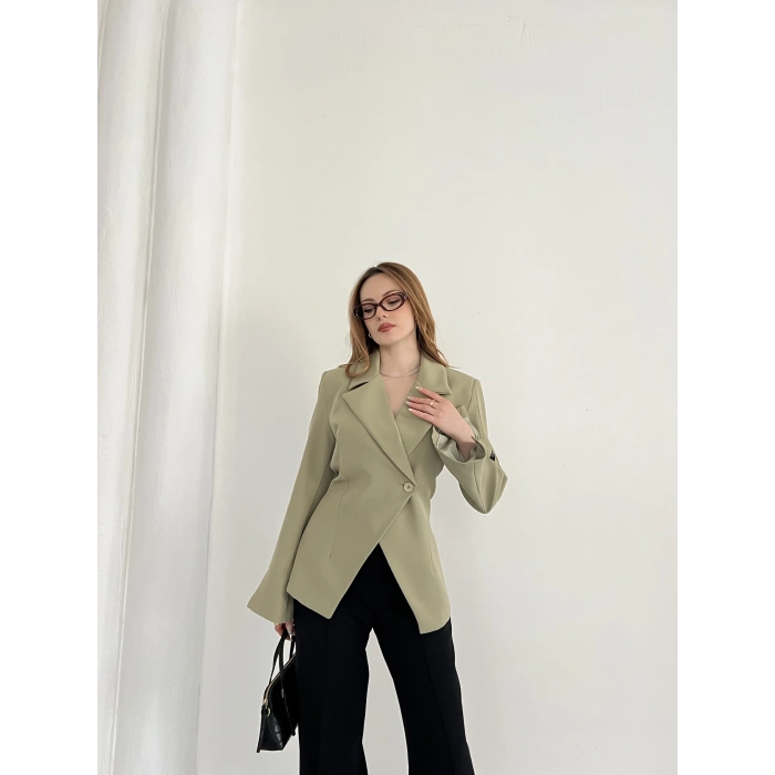 Kruvaze Yaka Tek Düğme Detaylı Tasarım Ceket Haki