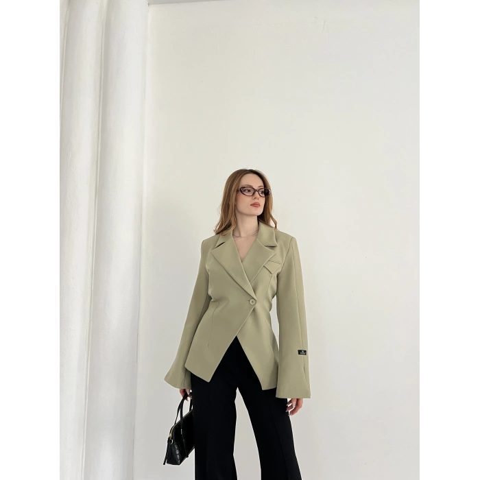 Kruvaze Yaka Tek Düğme Detaylı Tasarım Ceket Haki