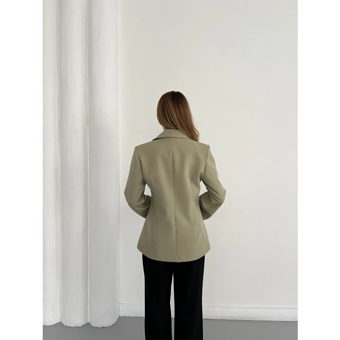 Kruvaze Yaka Tek Düğme Detaylı Tasarım Ceket Haki