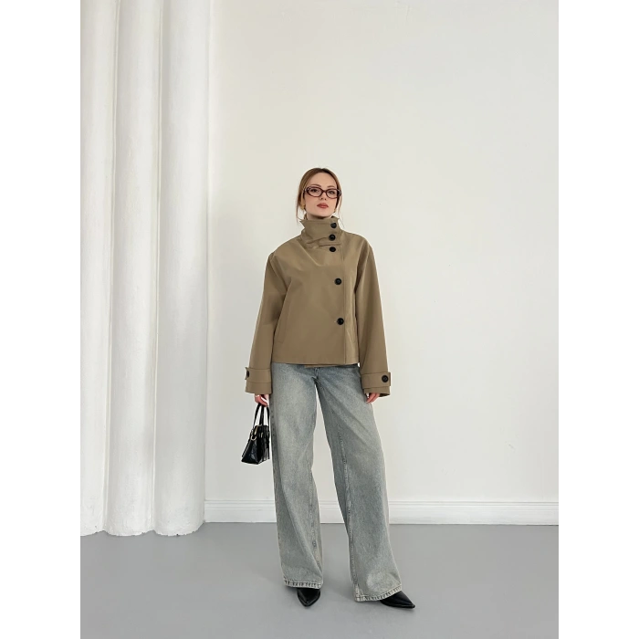 Dik Yaka Düğme Detaylı Trenckot Haki