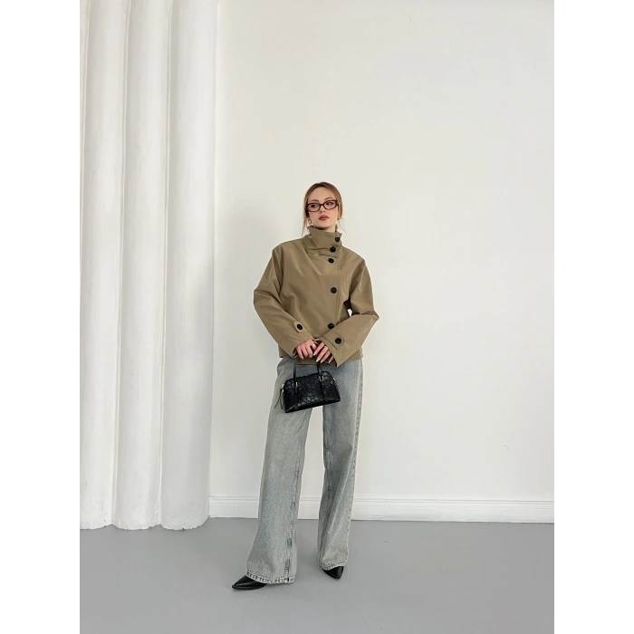 Dik Yaka Düğme Detaylı Trenckot Haki