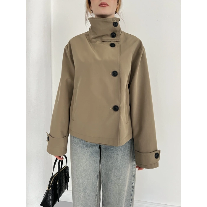 Dik Yaka Düğme Detaylı Trenckot Haki