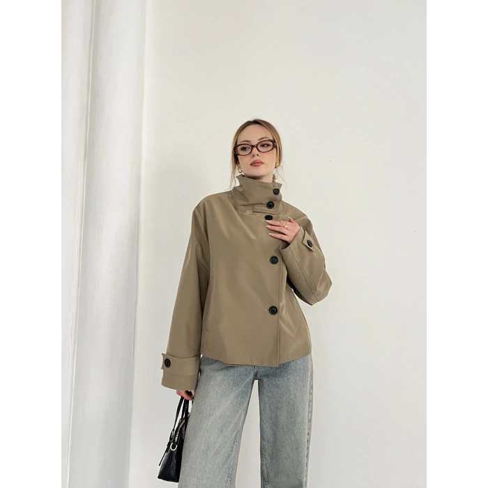 Dik Yaka Düğme Detaylı Trenckot Haki