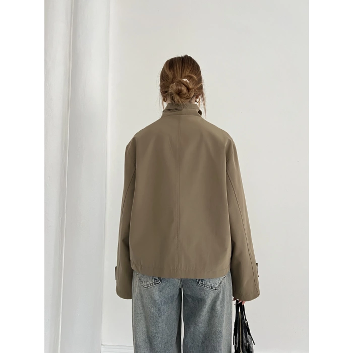 Dik Yaka Düğme Detaylı Trenckot Haki