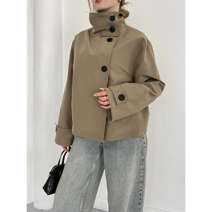 Dik Yaka Düğme Detaylı Trenckot Haki
