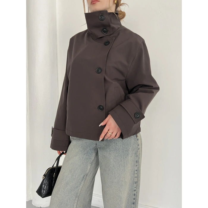 Dik Yaka Düğme Detaylı Trenckot Kahve