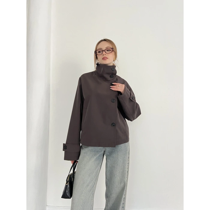 Dik Yaka Düğme Detaylı Trenckot Kahve