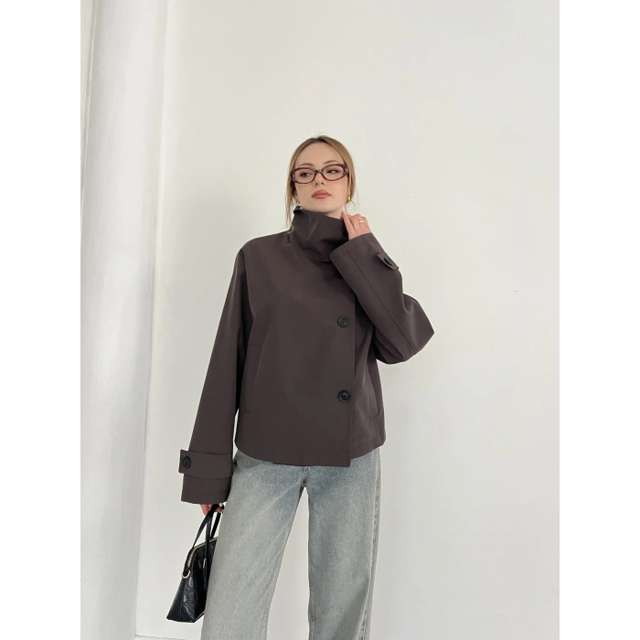 Dik Yaka Düğme Detaylı Trenckot Kahve