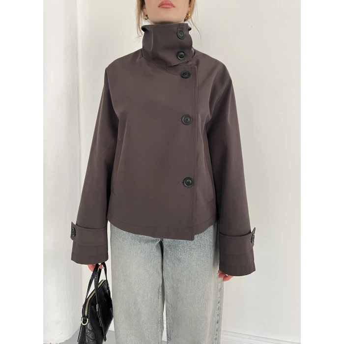 Dik Yaka Düğme Detaylı Trenckot Kahve