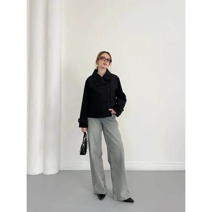Dik Yaka Düğme Detaylı Trenckot Siyah