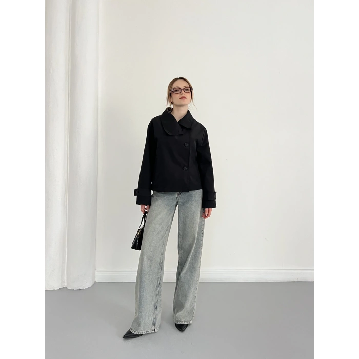 Dik Yaka Düğme Detaylı Trenckot Siyah