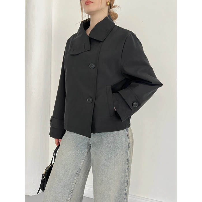 Dik Yaka Düğme Detaylı Trenckot Siyah