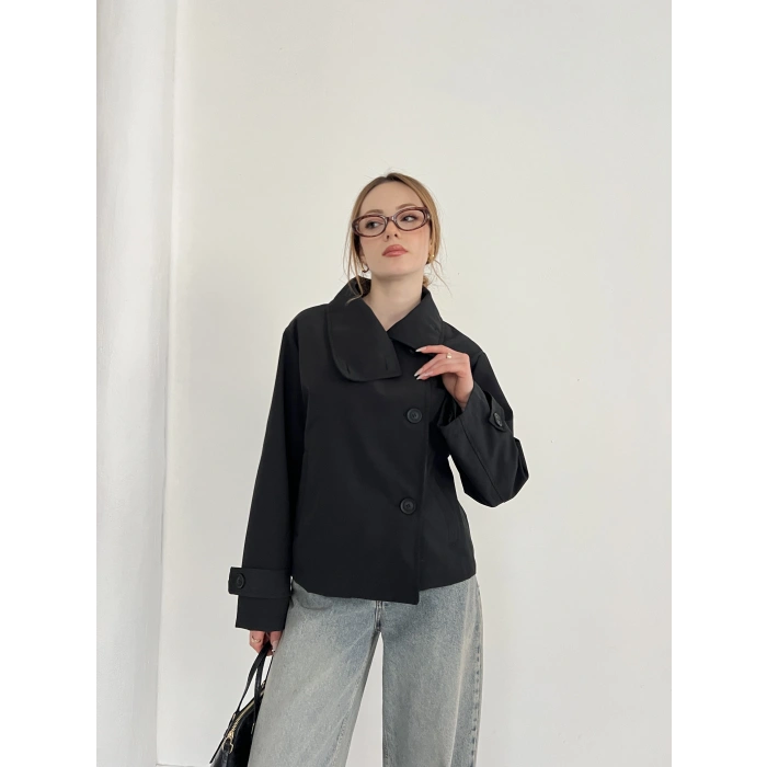 Dik Yaka Düğme Detaylı Trenckot Siyah