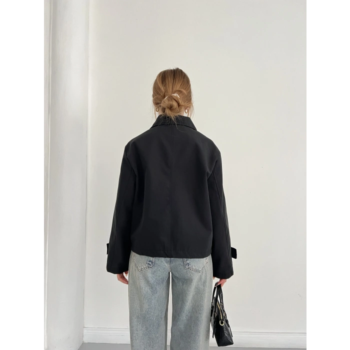 Dik Yaka Düğme Detaylı Trenckot Siyah
