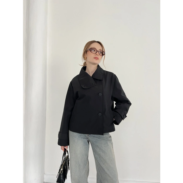 Dik Yaka Düğme Detaylı Trenckot Siyah