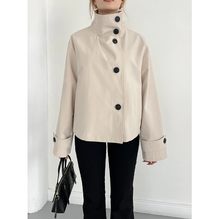Dik Yaka Düğme Detaylı Trenckot Bej