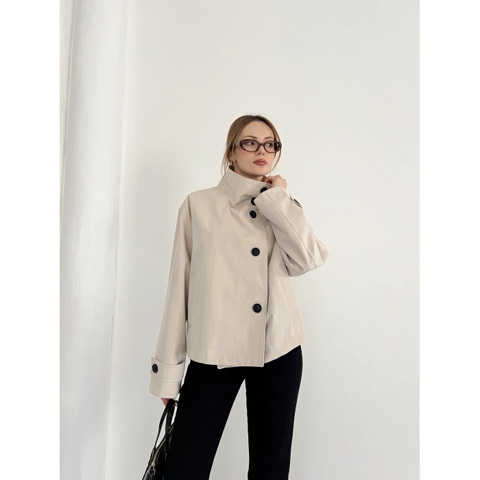 Dik Yaka Düğme Detaylı Trenckot Bej