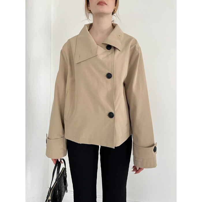 Dik Yaka Düğme Detaylı Trenckot Camel