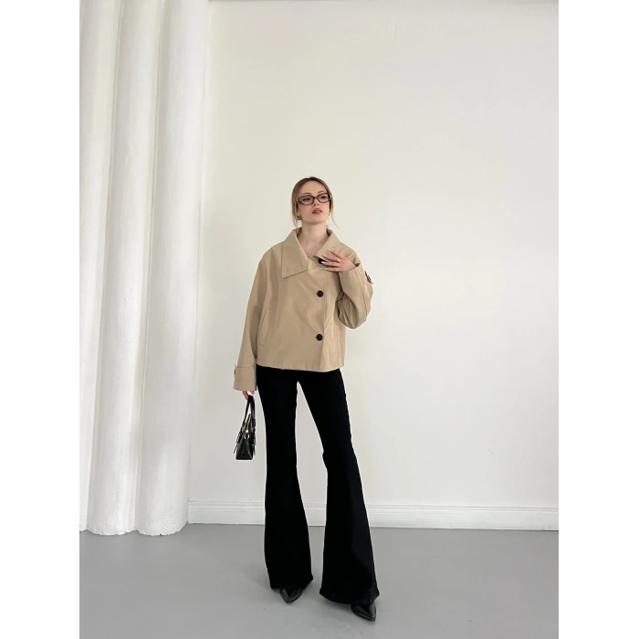 Dik Yaka Düğme Detaylı Trenckot Camel
