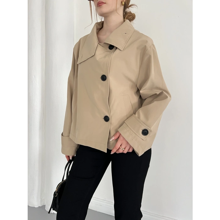 Dik Yaka Düğme Detaylı Trenckot Camel