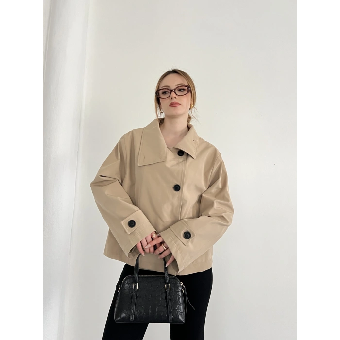 Dik Yaka Düğme Detaylı Trenckot Camel