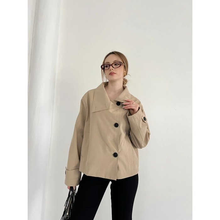 Dik Yaka Düğme Detaylı Trenckot Camel