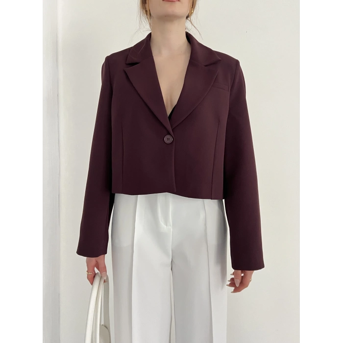 Kruvaze Yaka Tek Düğme Detay Crop Ceket Mürdüm