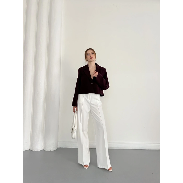 Kruvaze Yaka Tek Düğme Detay Crop Ceket Mürdüm