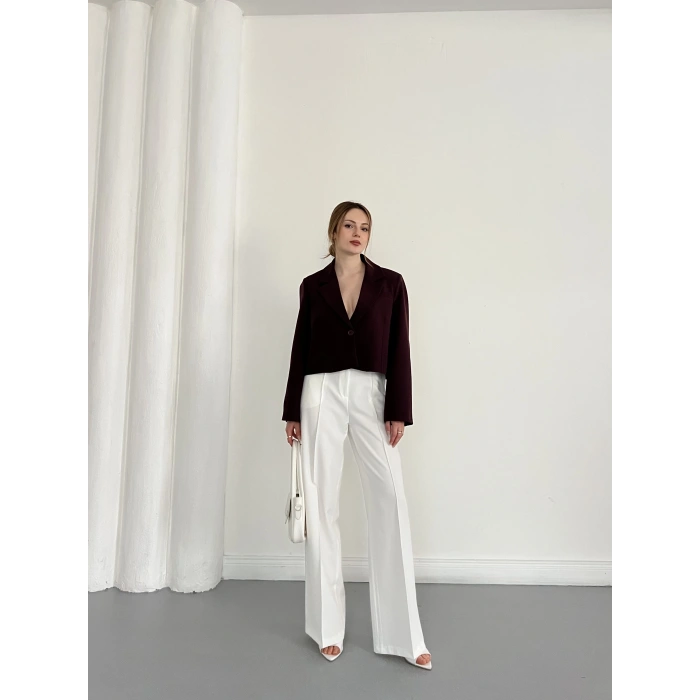 Kruvaze Yaka Tek Düğme Detay Crop Ceket Mürdüm