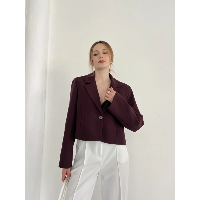 Kruvaze Yaka Tek Düğme Detay Crop Ceket Mürdüm