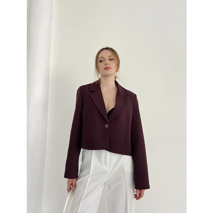 Kruvaze Yaka Tek Düğme Detay Crop Ceket Mürdüm