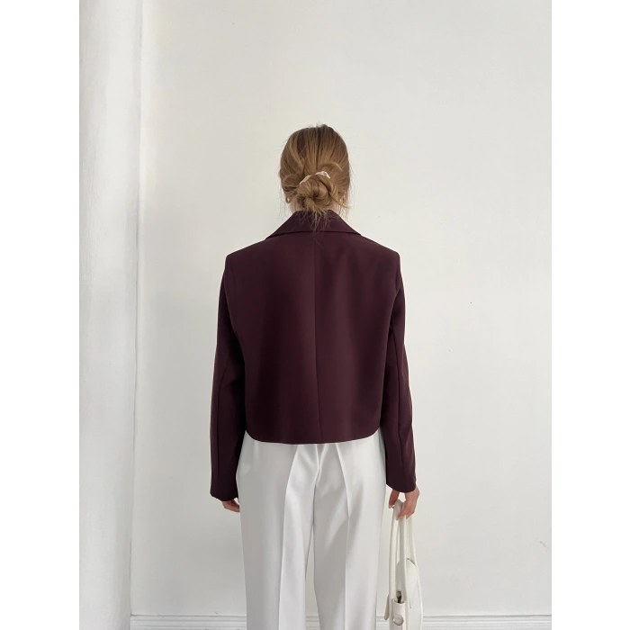 Kruvaze Yaka Tek Düğme Detay Crop Ceket Mürdüm