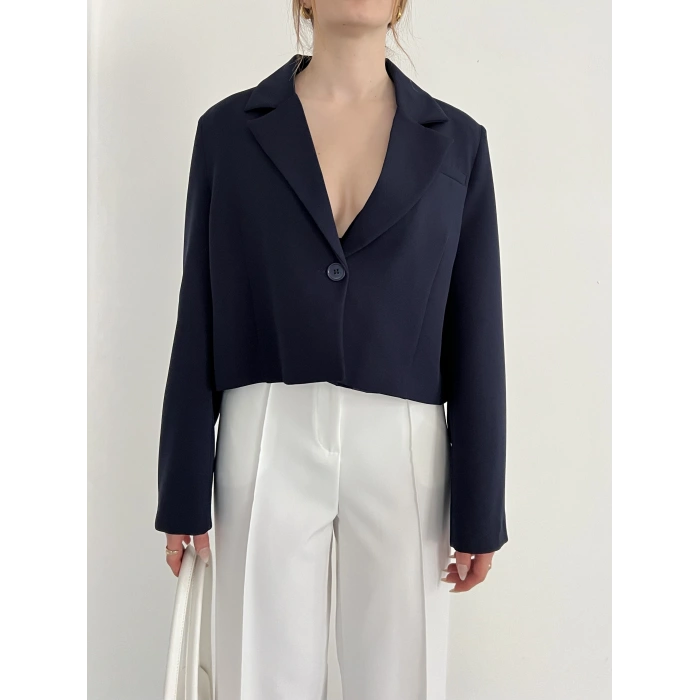 Kruvaze Yaka Tek Düğme Detay Crop Ceket Lacivert
