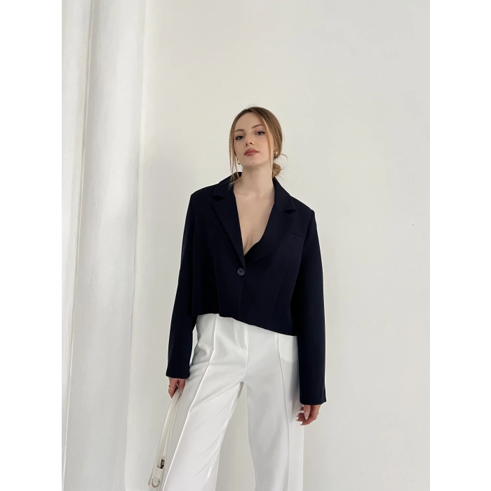 Kruvaze Yaka Tek Düğme Detay Crop Ceket Lacivert