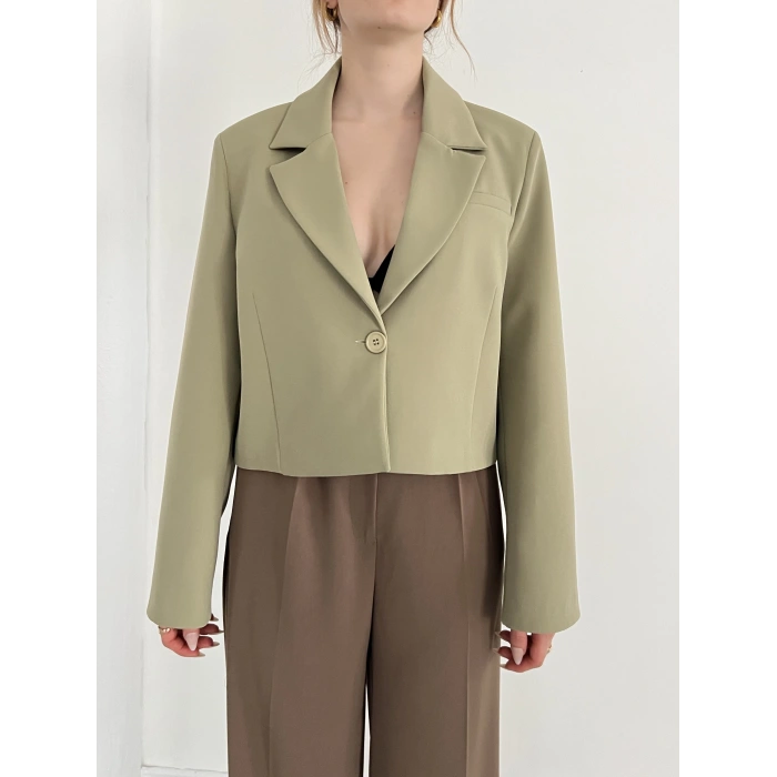 Kruvaze Yaka Tek Düğme Detay Crop Ceket Haki