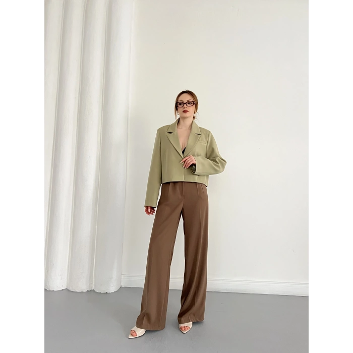 Kruvaze Yaka Tek Düğme Detay Crop Ceket Haki