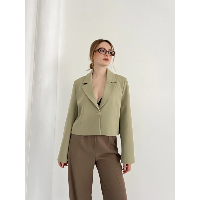 Kruvaze Yaka Tek Düğme Detay Crop Ceket Haki