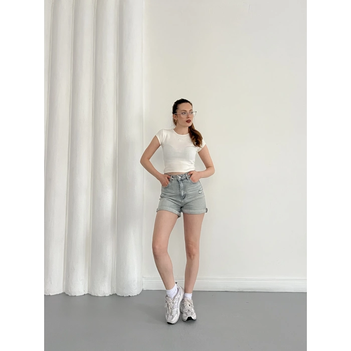 Yıkamalı Yırtık Desenli Denim Şort Mavi