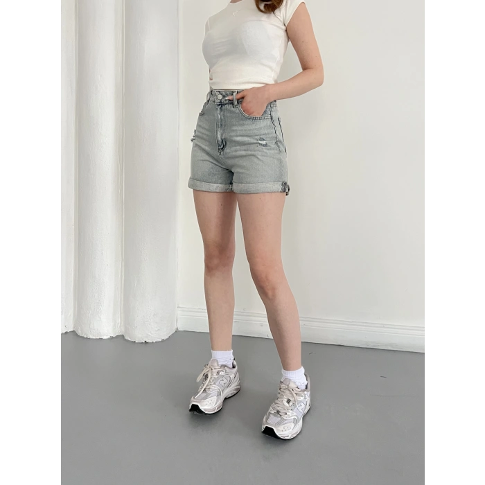 Yıkamalı Yırtık Desenli Denim Şort Mavi