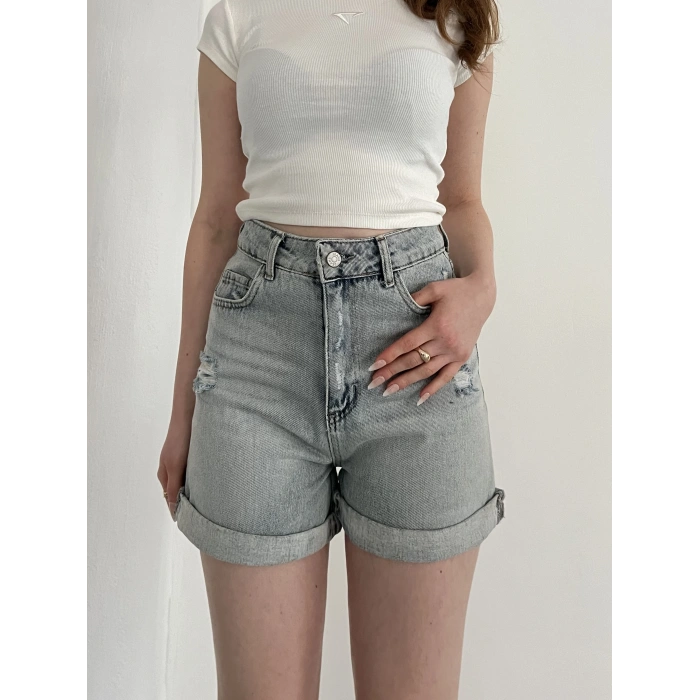 Yıkamalı Yırtık Desenli Denim Şort Mavi