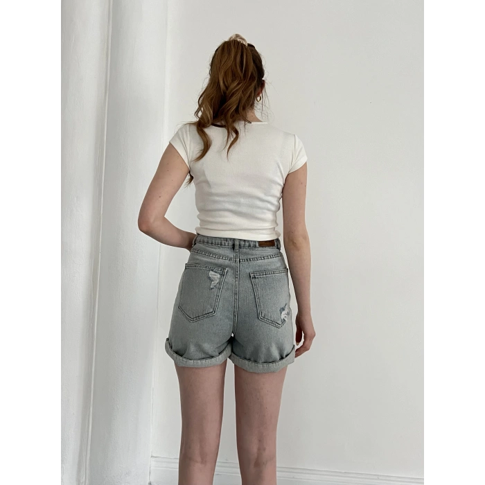 Yıkamalı Yırtık Desenli Denim Şort Mavi