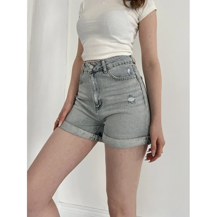 Yıkamalı Yırtık Desenli Denim Şort Mavi