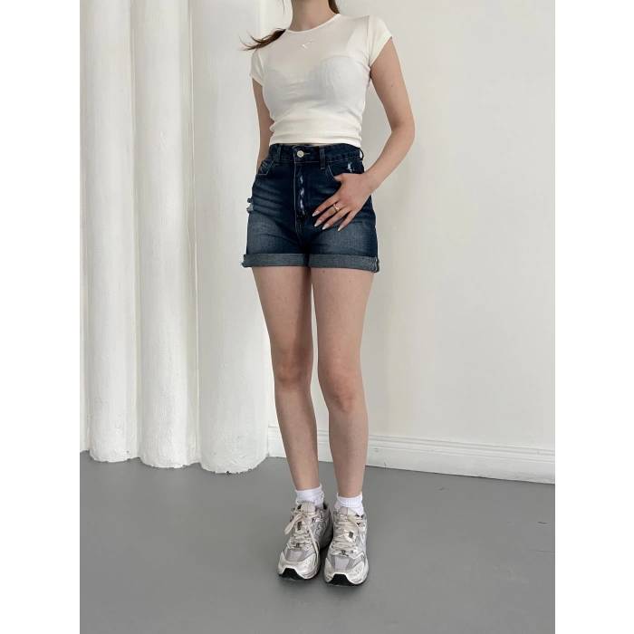 Yıkamalı Yırtık Desenli Denim Şort Lacivert