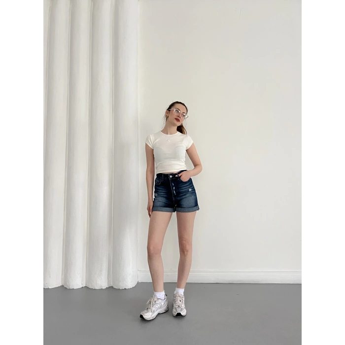 Yıkamalı Yırtık Desenli Denim Şort Lacivert