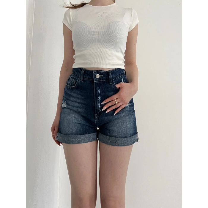 Yıkamalı Yırtık Desenli Denim Şort Lacivert