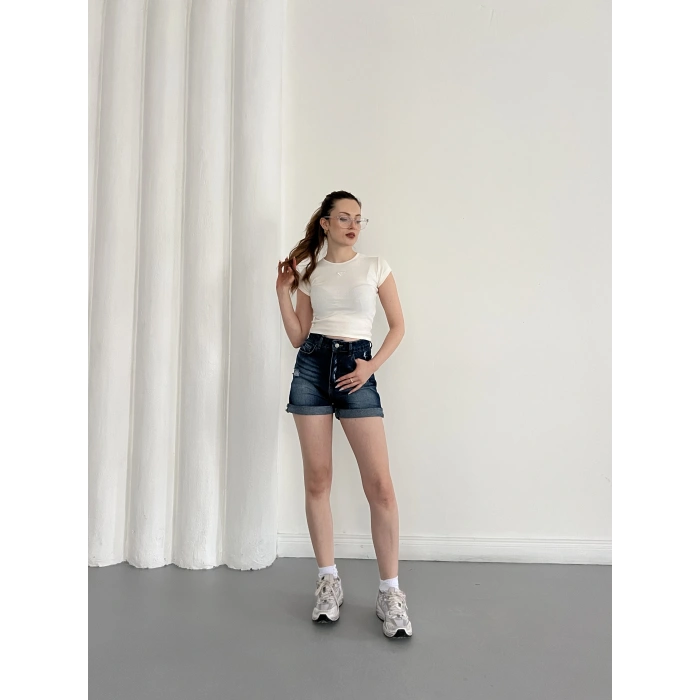 Yıkamalı Yırtık Desenli Denim Şort Lacivert