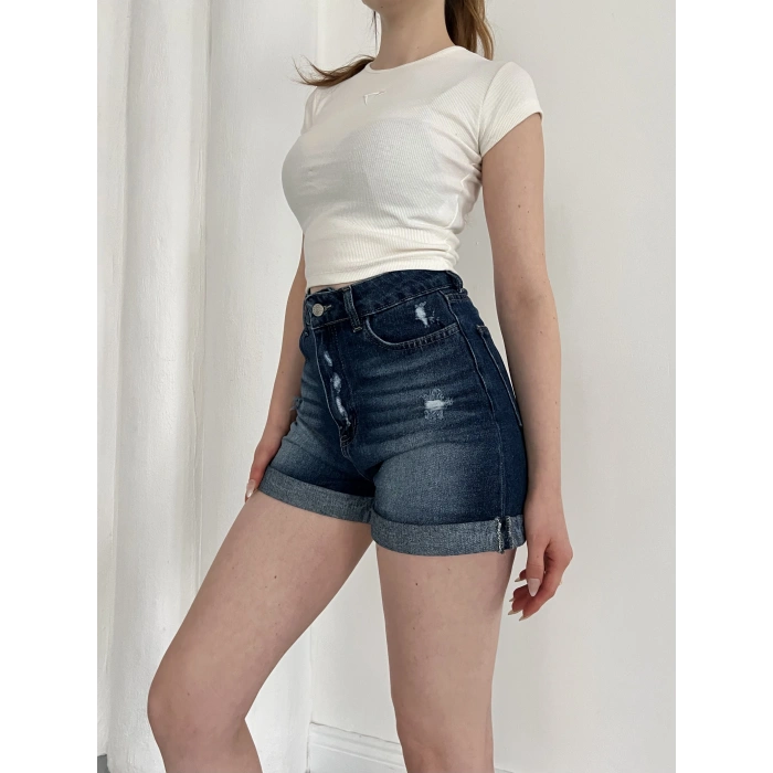 Yıkamalı Yırtık Desenli Denim Şort Lacivert