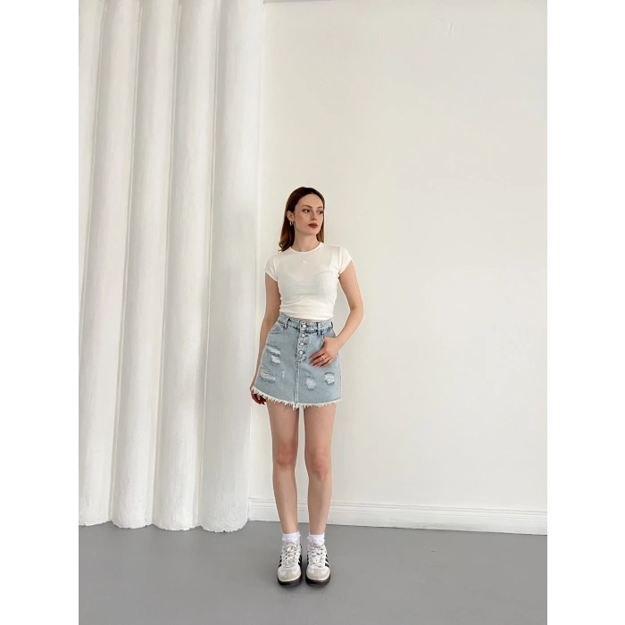 Yıkamalı Düğme Detaylı Denim Etek Mavi