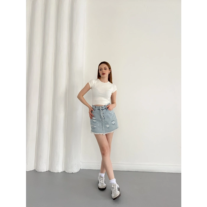 Yıkamalı Düğme Detaylı Denim Etek Mavi